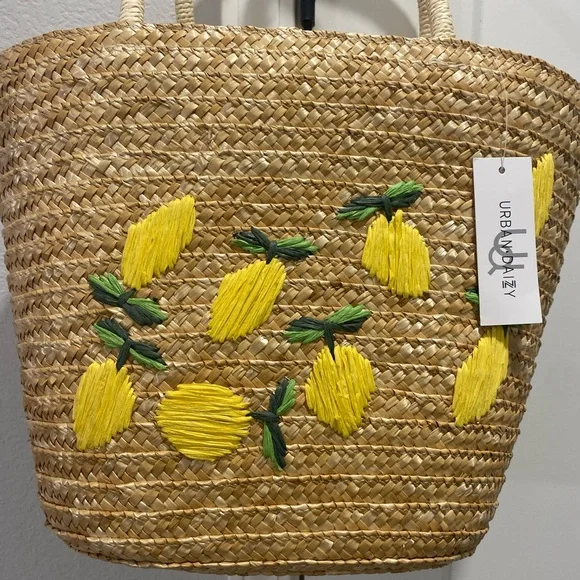 Urban n Daizy Woven Embroidered Lined Tan Straw Lemon Tote Bag Purse Carryall - Picture 2 of 7